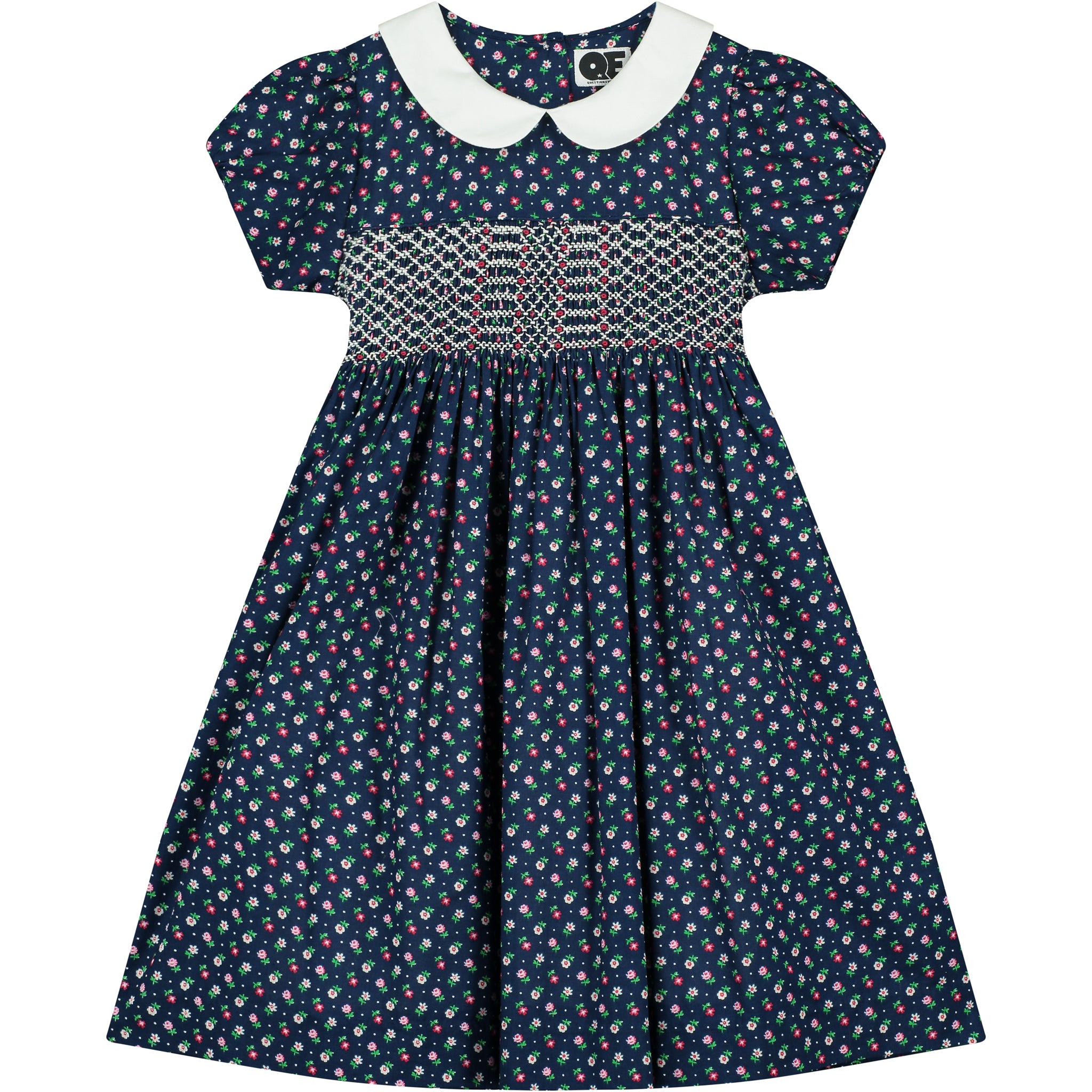 navy hand-smocked dress, front