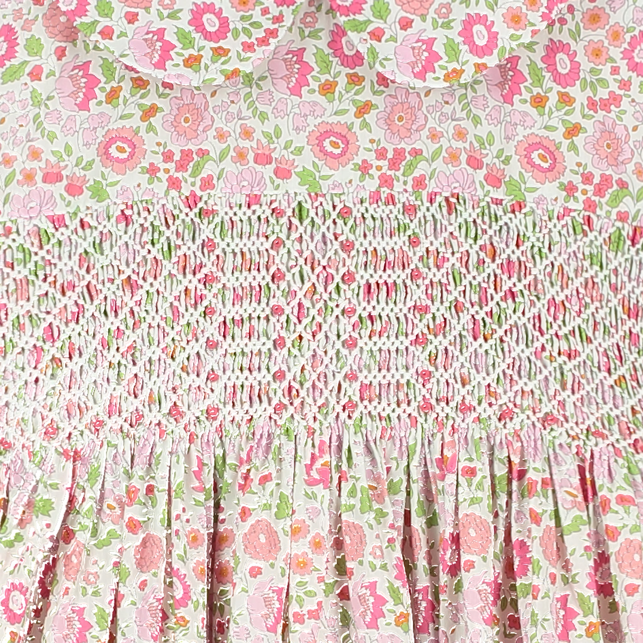 hand-smocked dress made from Liberty fabric, detail