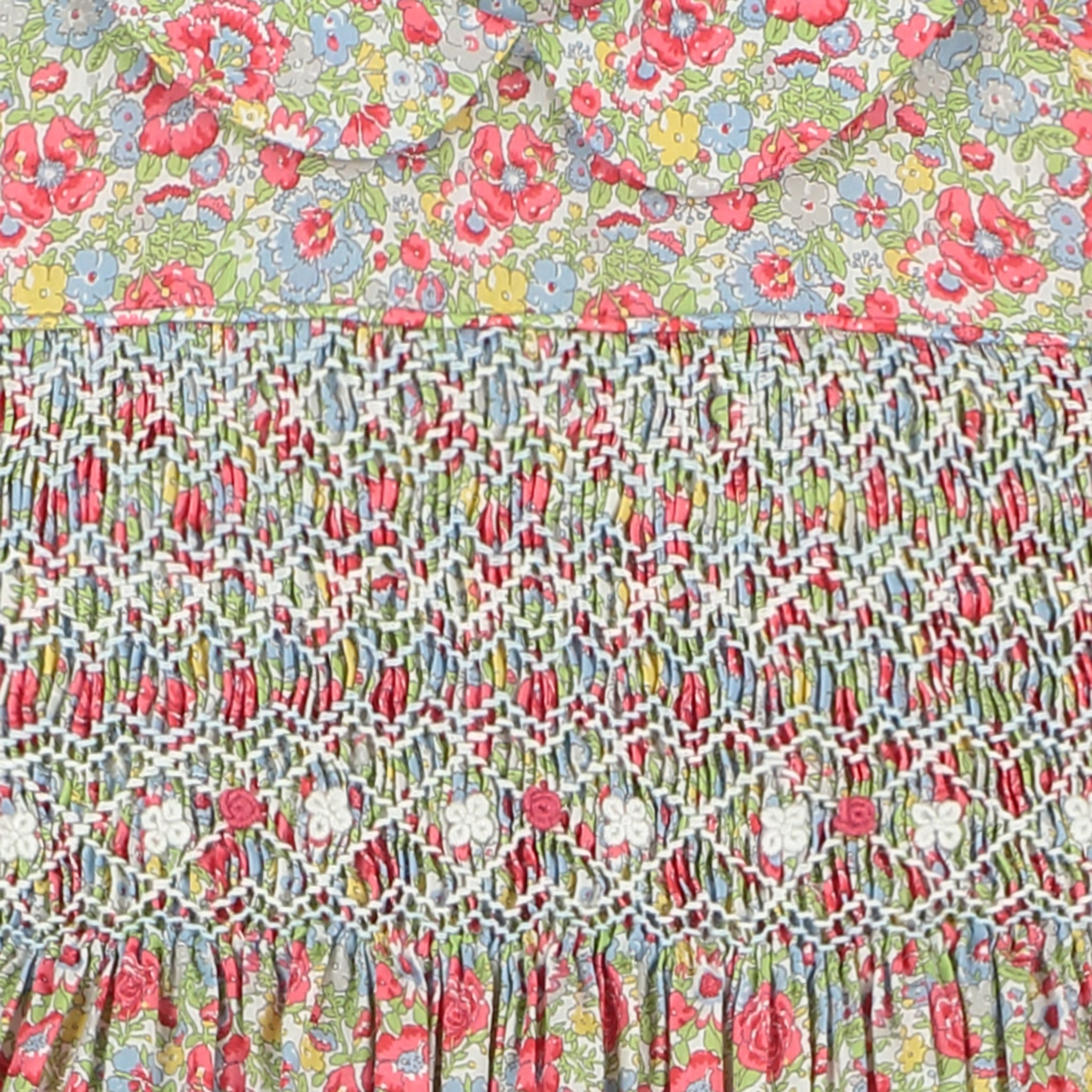 floral smock dress made from Liberty fabric, smocking detail