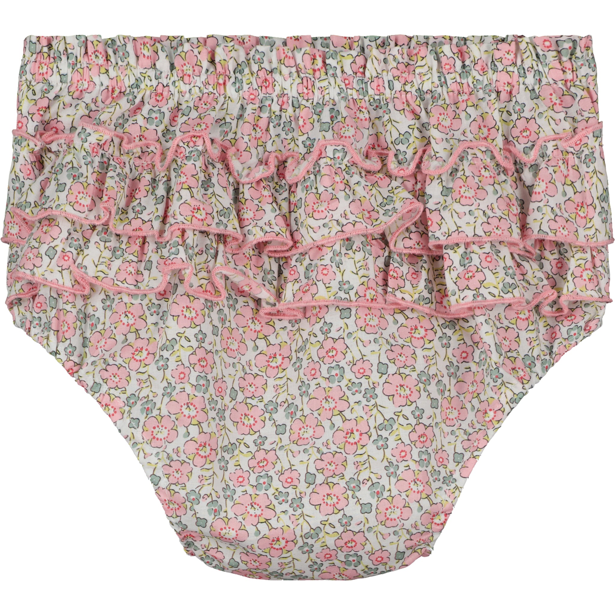 floral baby bloomer with ruffles and smocking