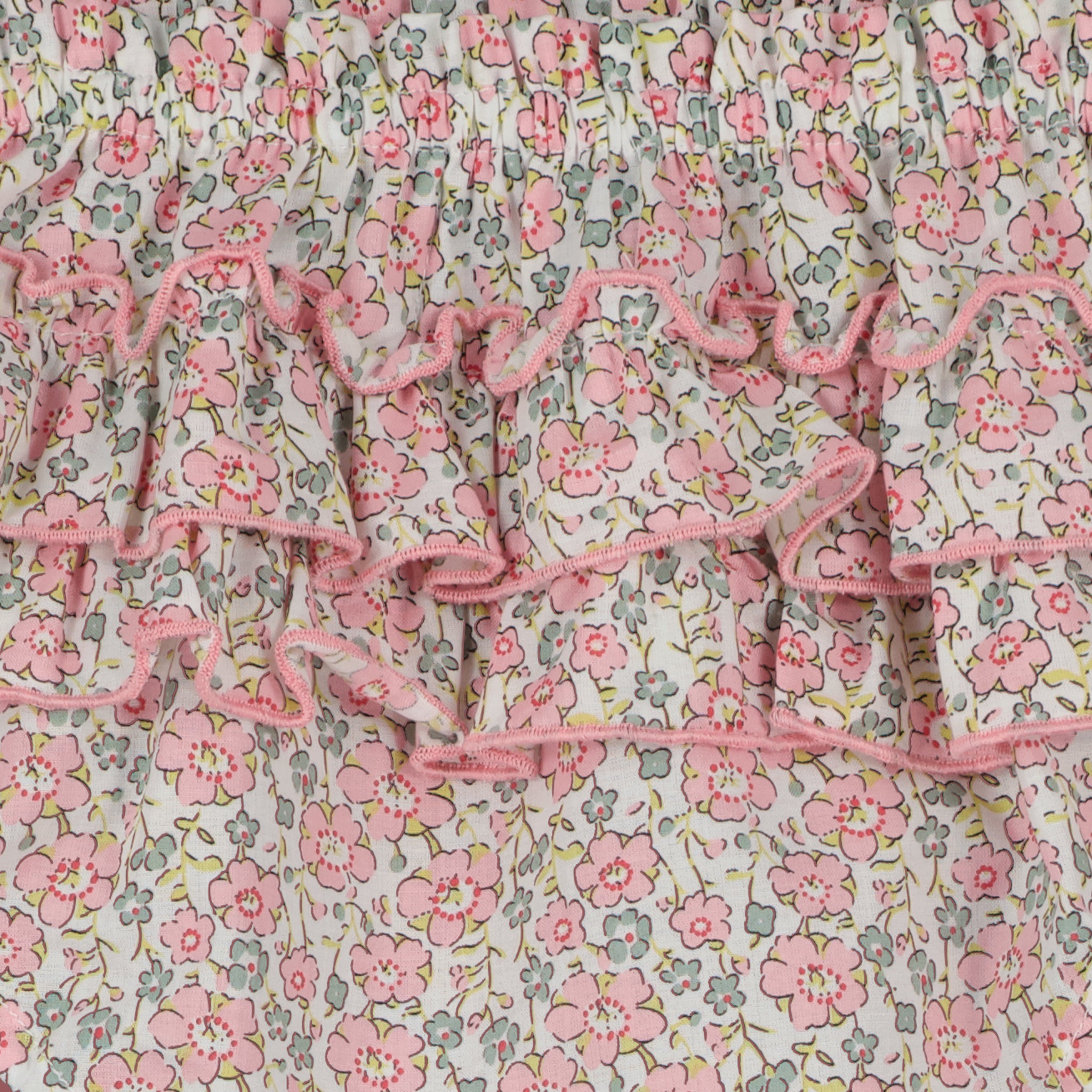 floral baby bloomer with ruffles and smocking , closeup