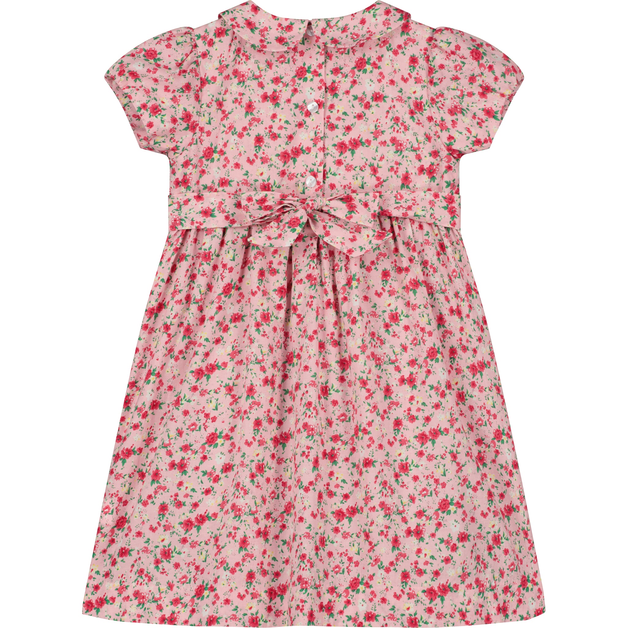 red and pink smock dress for girls, bow fastening at the back