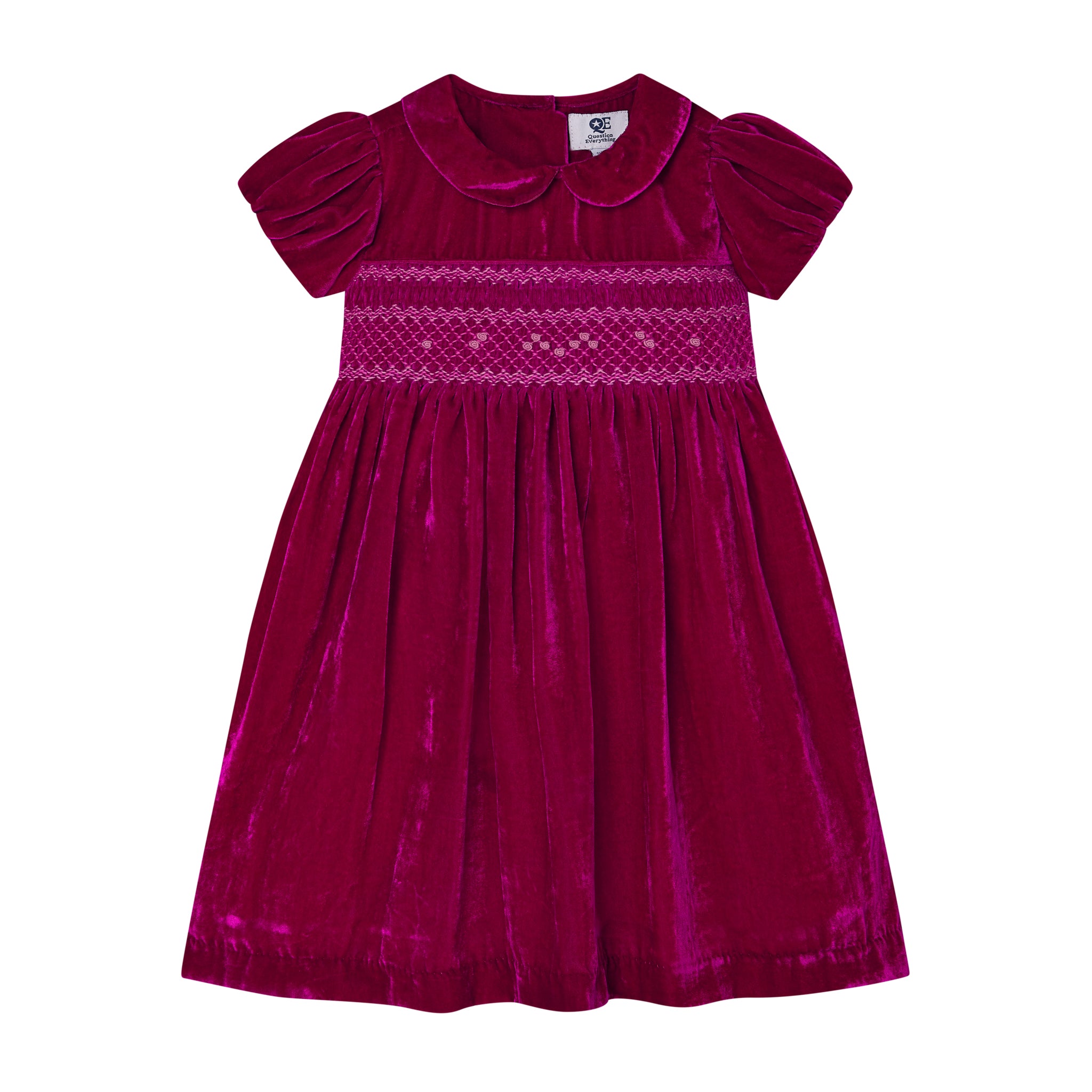 pink velvet party dress with smocking