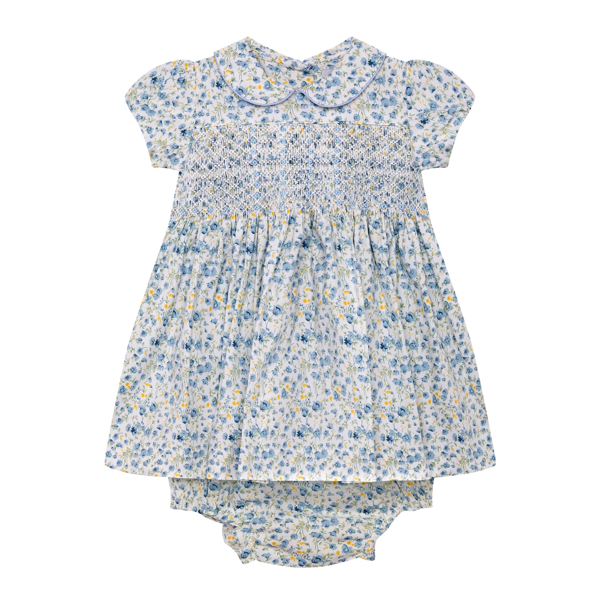 blue on white floral  baby dress, smocked, front