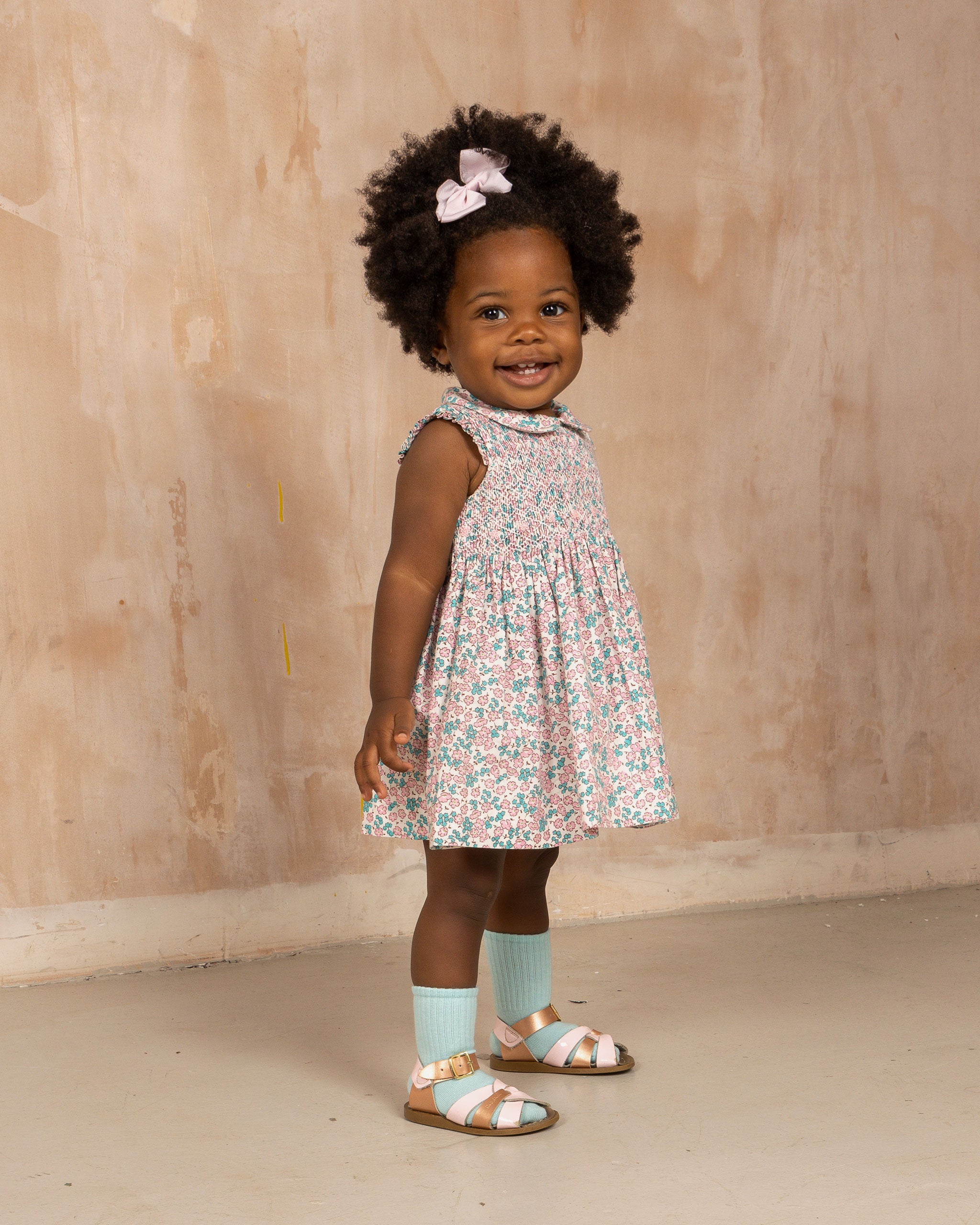 Toddler in - baby dress, smocked, floral print, with matching bloomer