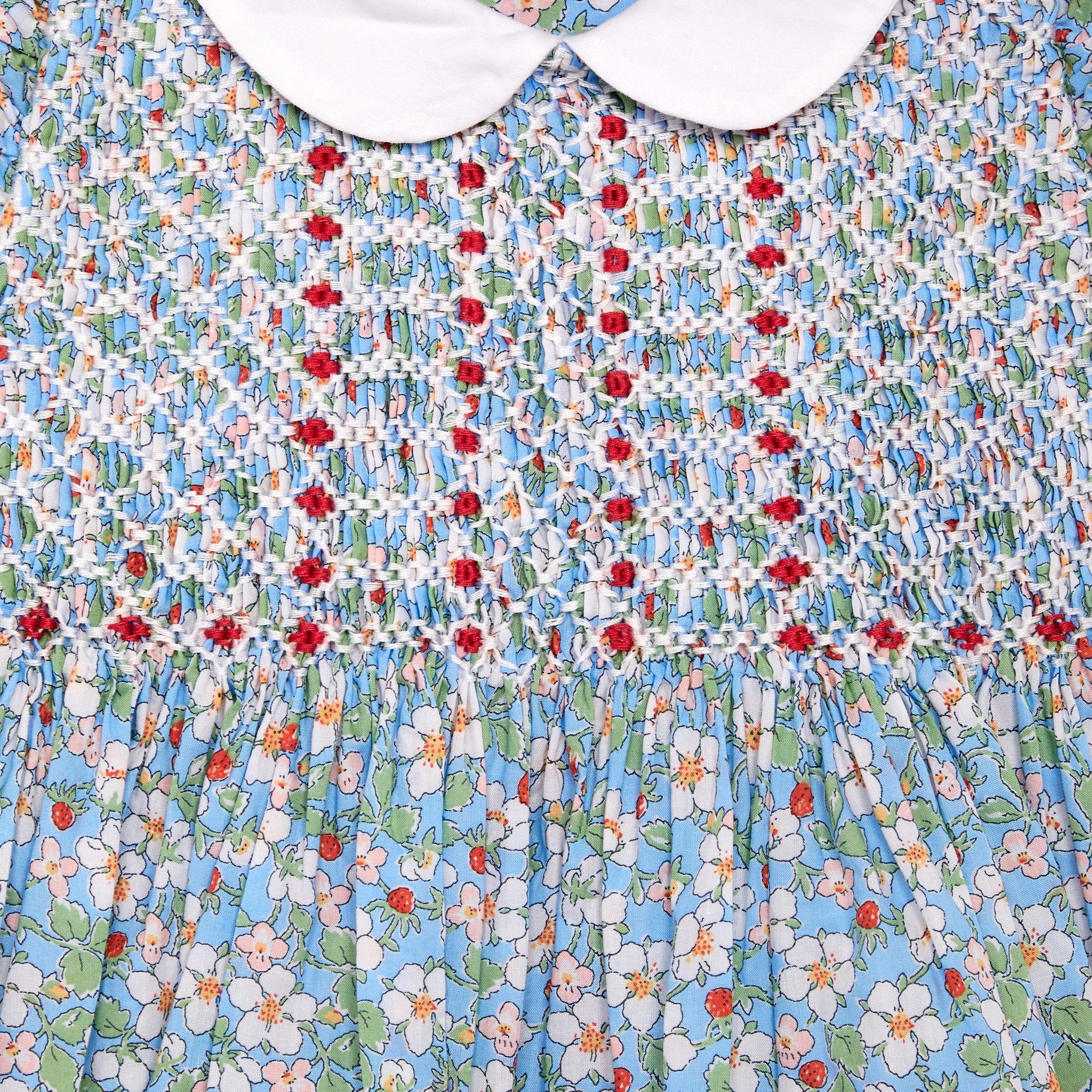 Liberty fabric, hand-smocked baby dress, detail shot