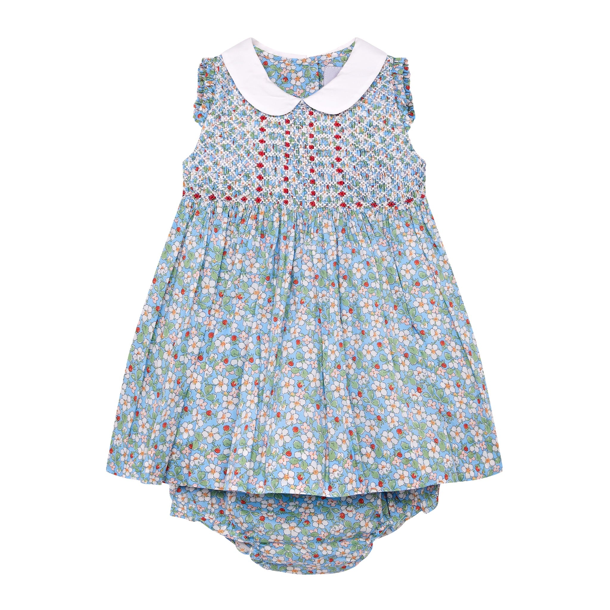 Liberty fabric, hand-smocked baby dress, front