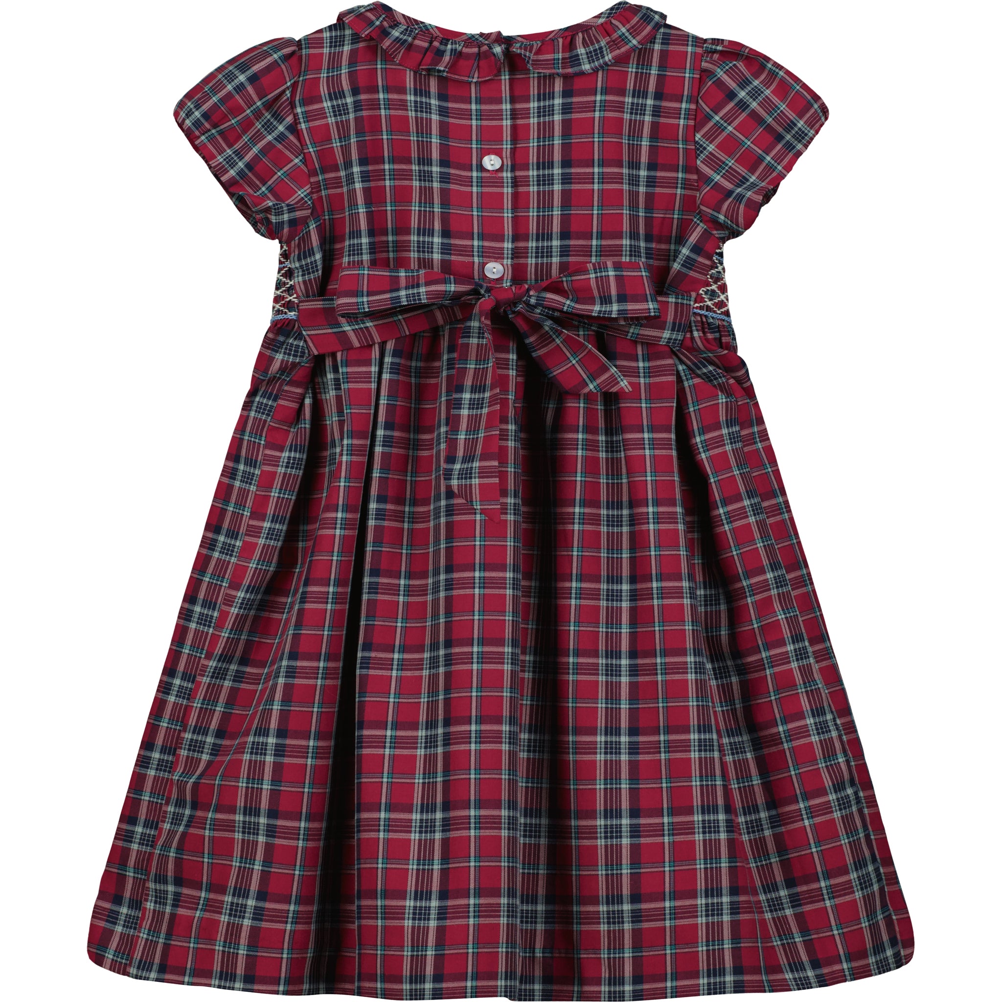 burgundy/navy/white tartan smock dress with frill collar, back