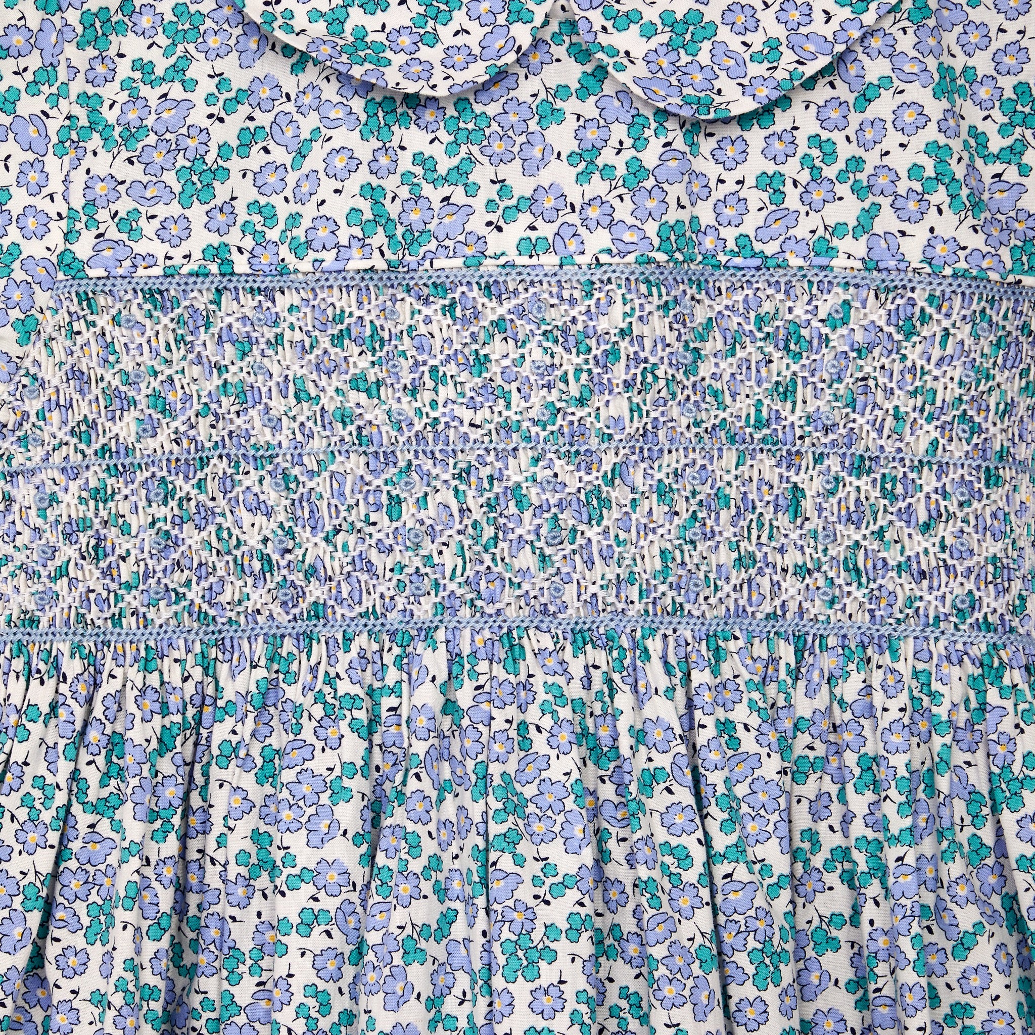 lilac blossom - Floral hand-smocked girls dress made from 100% cotton, detail