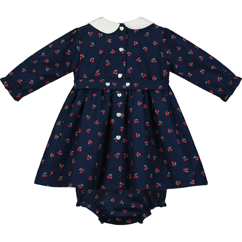 hand-smocked baby dress made from cherry print fabric,back
