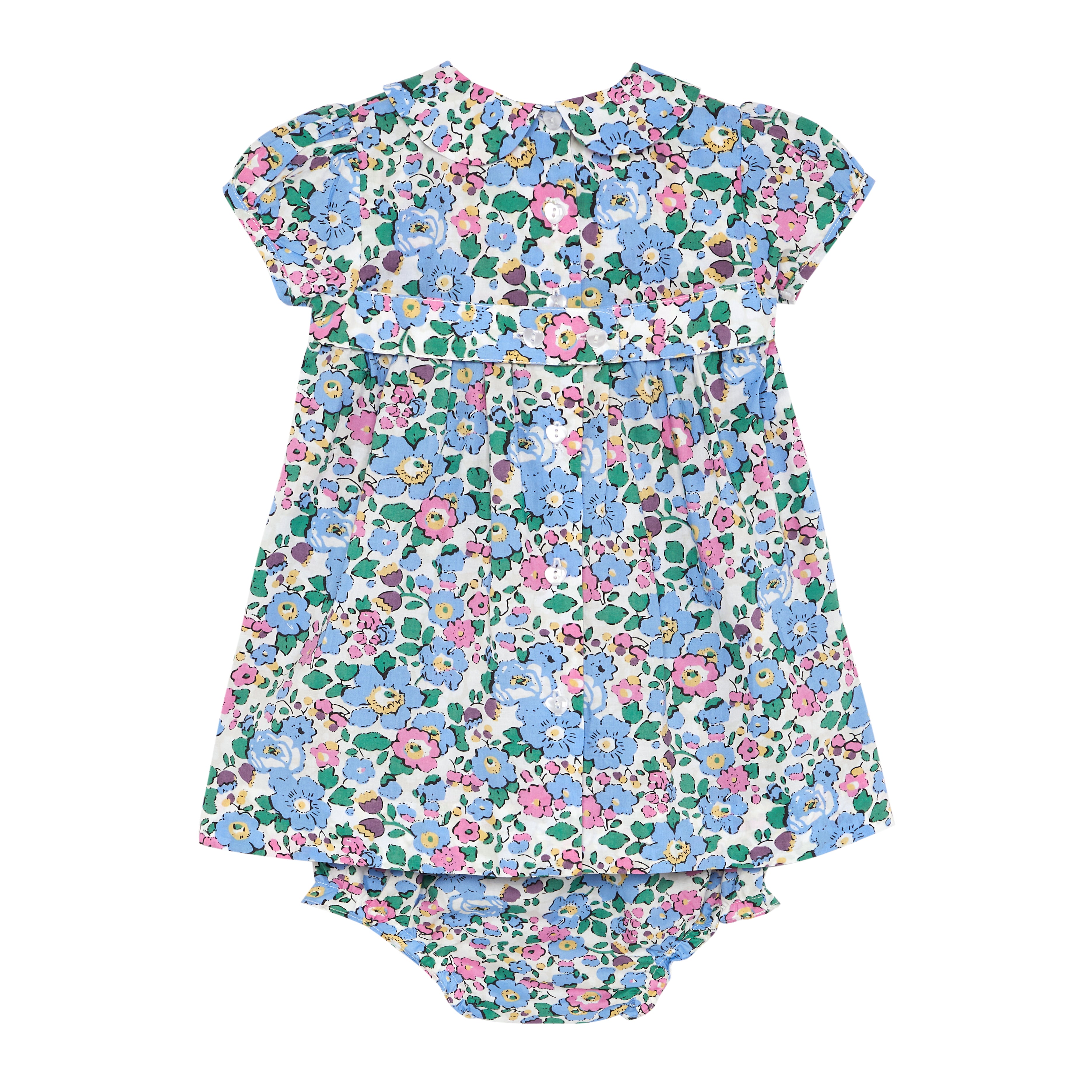 hand-smocked floral baby dress with bloomers, back