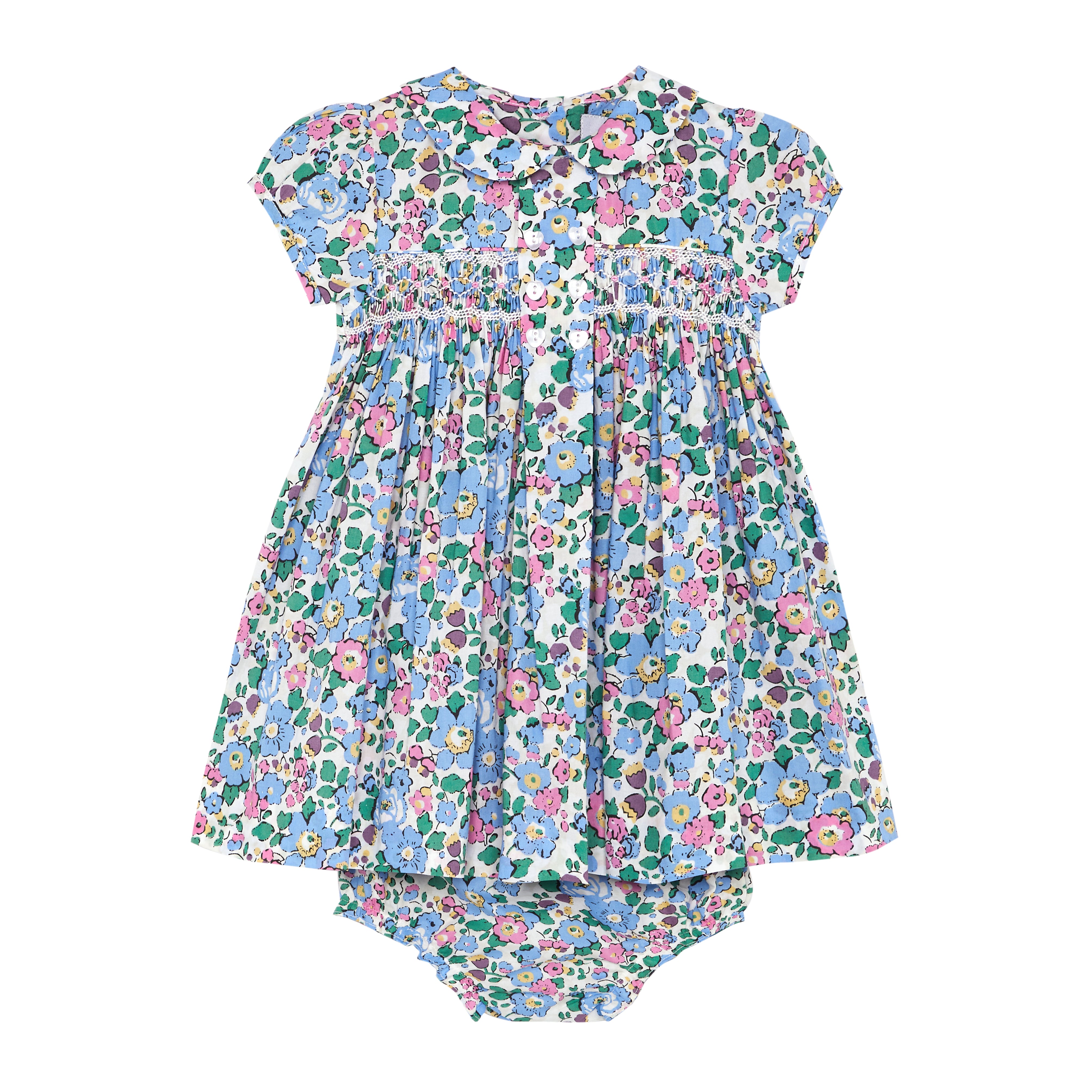 hand-smocked floral baby dress with bloomers, front
