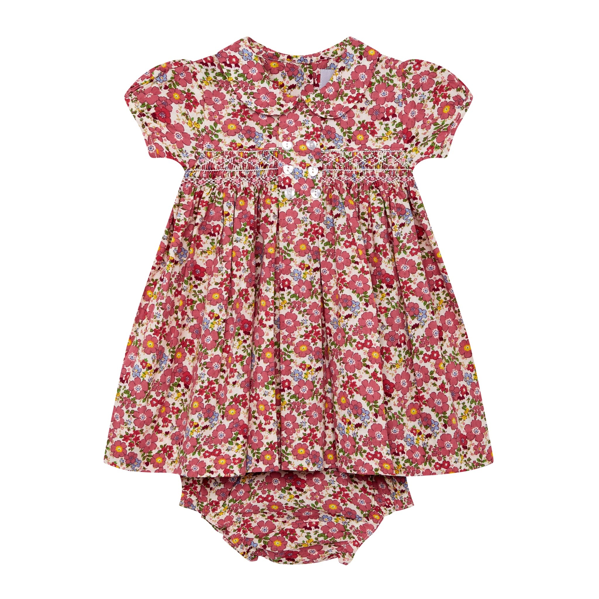 red floral smock baby dress, front