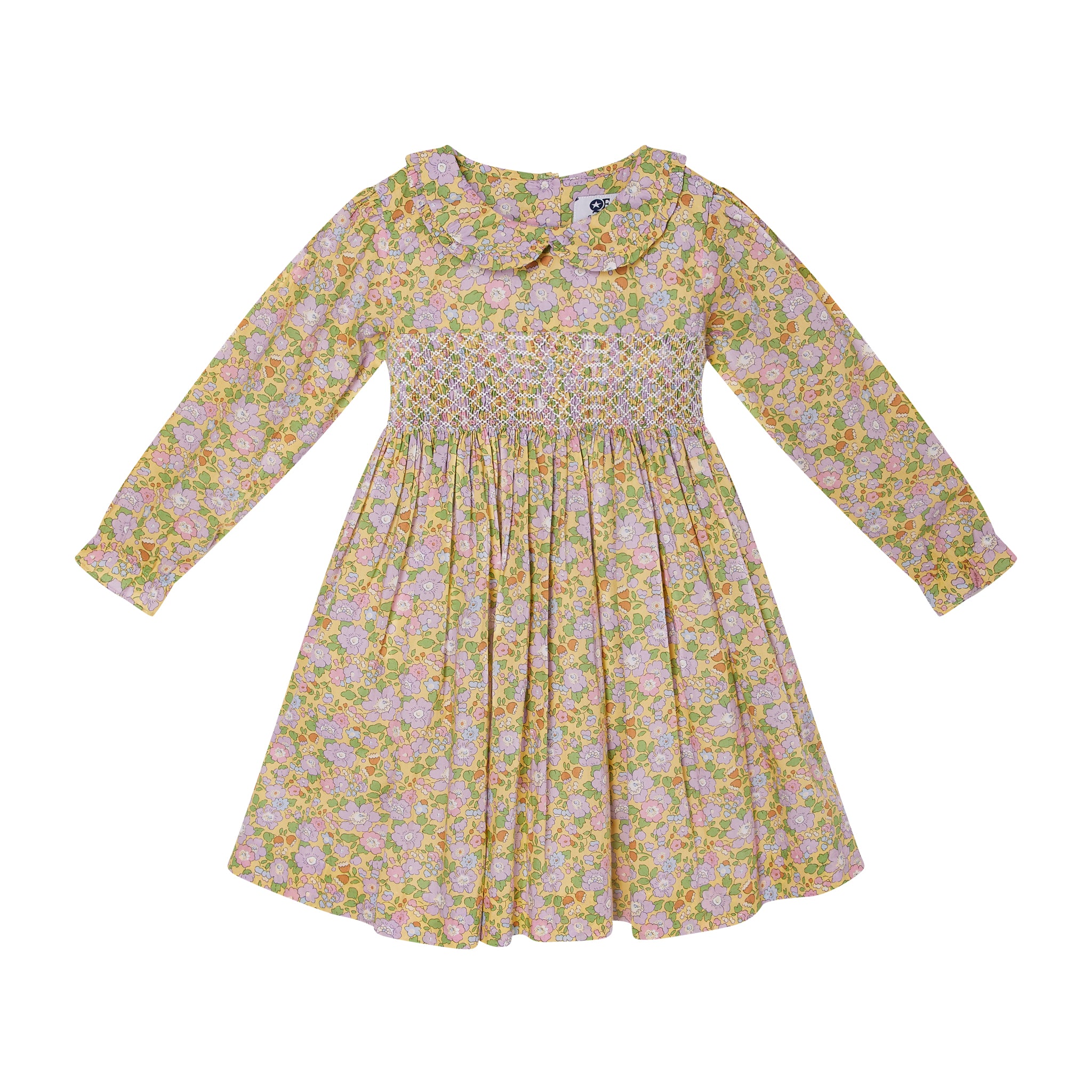 Floral Dress Made from Liberty Fabric, yellow, lilac, hand-smocked