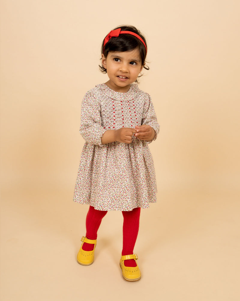 toddler in hand-smocked dress with frill collar