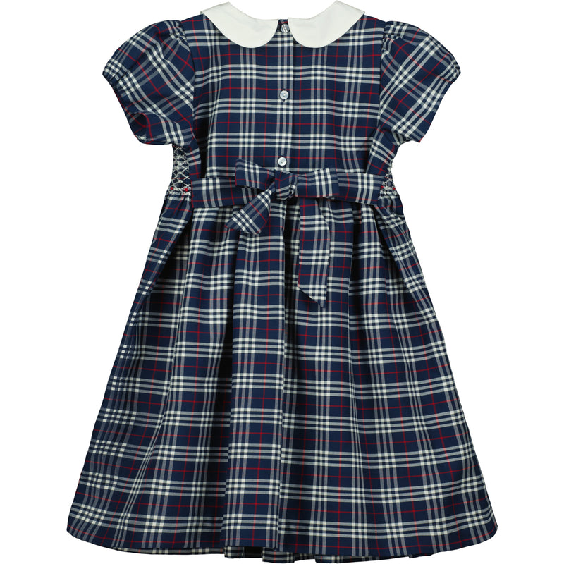 navy tartan dress with bow at the back