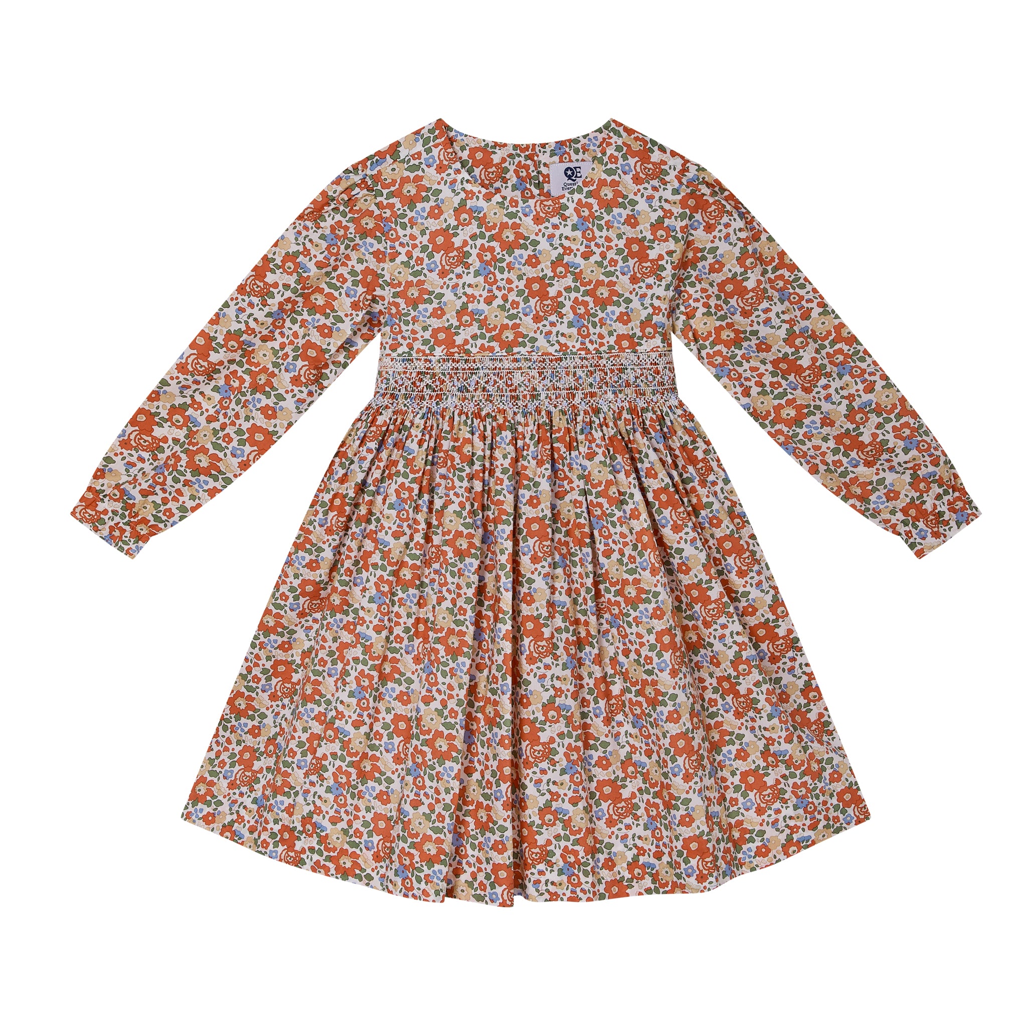 Floral smock dress for girls, long sleeves