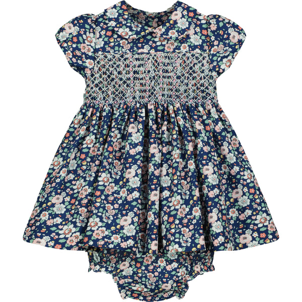 hand-smocked floral baby dress with bloomers, front