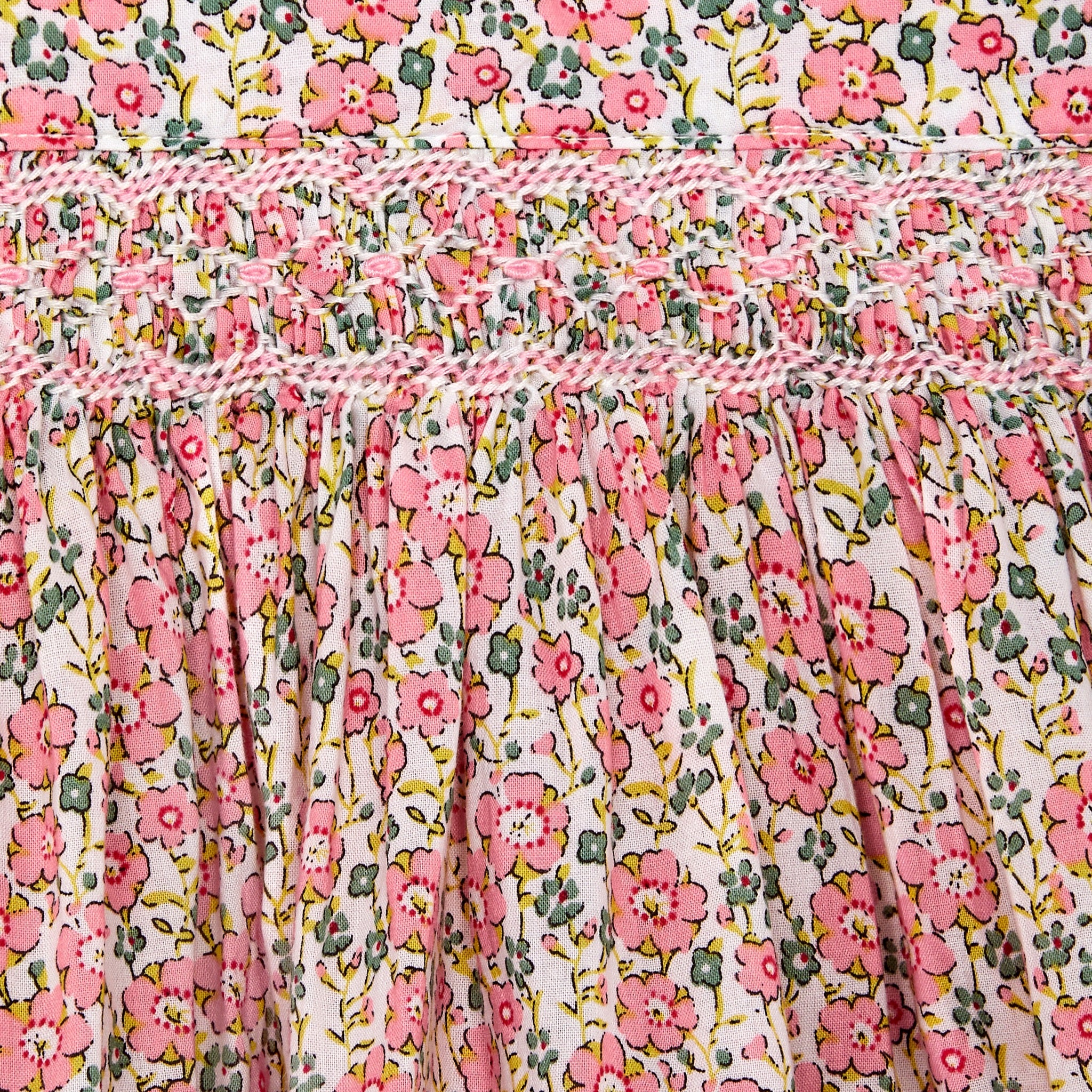 ruffle skirt, floral with smocking, closeup