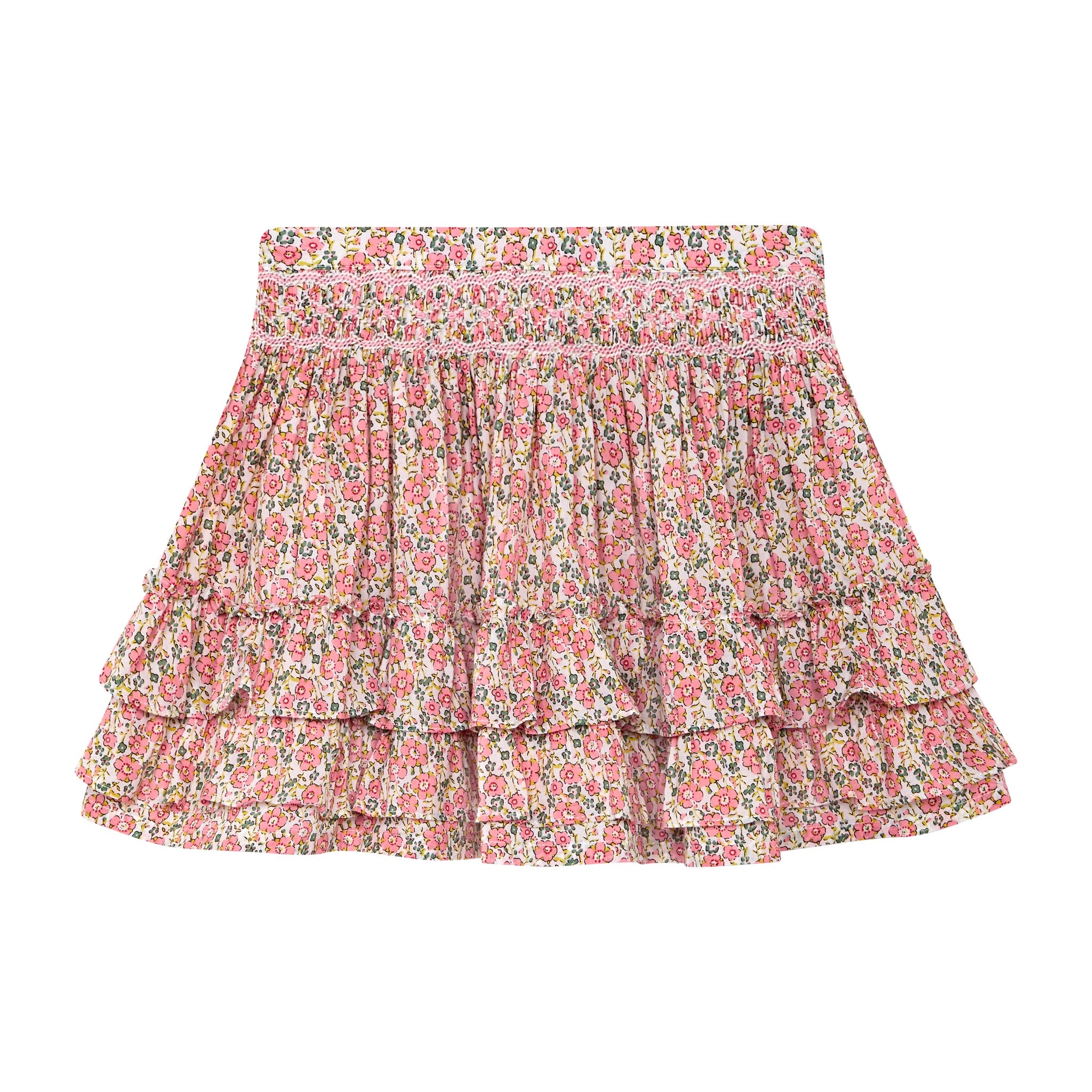 ruffle skirt, floralruffle skirt, floral with smocking, front with smocking, 