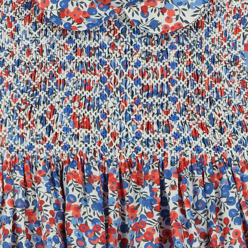  Blue and red Wiltshire Tana Lawn™ Cotton  Liberty print dress with hand-smocking, detail
