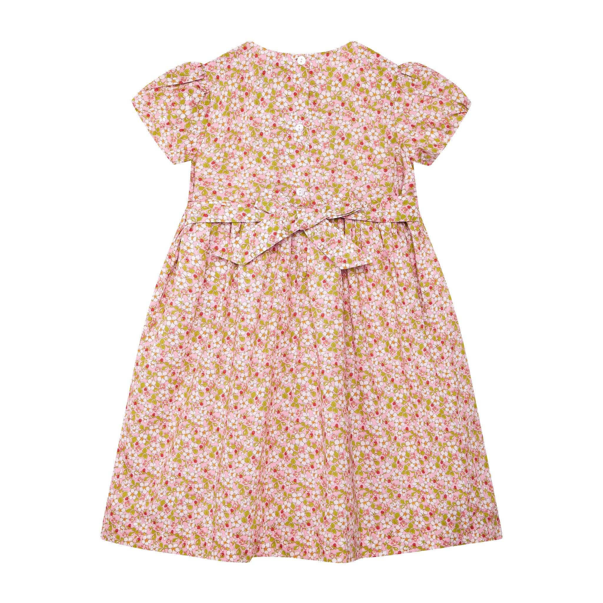 Liberty print dress, strawberry pattern, pink, back