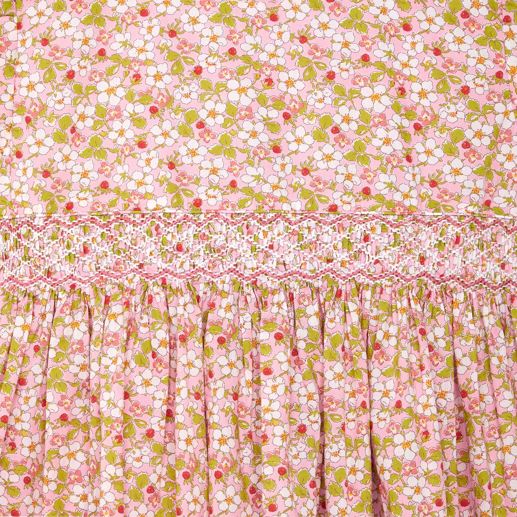 Liberty print dress, strawberry pattern, pink, closeup