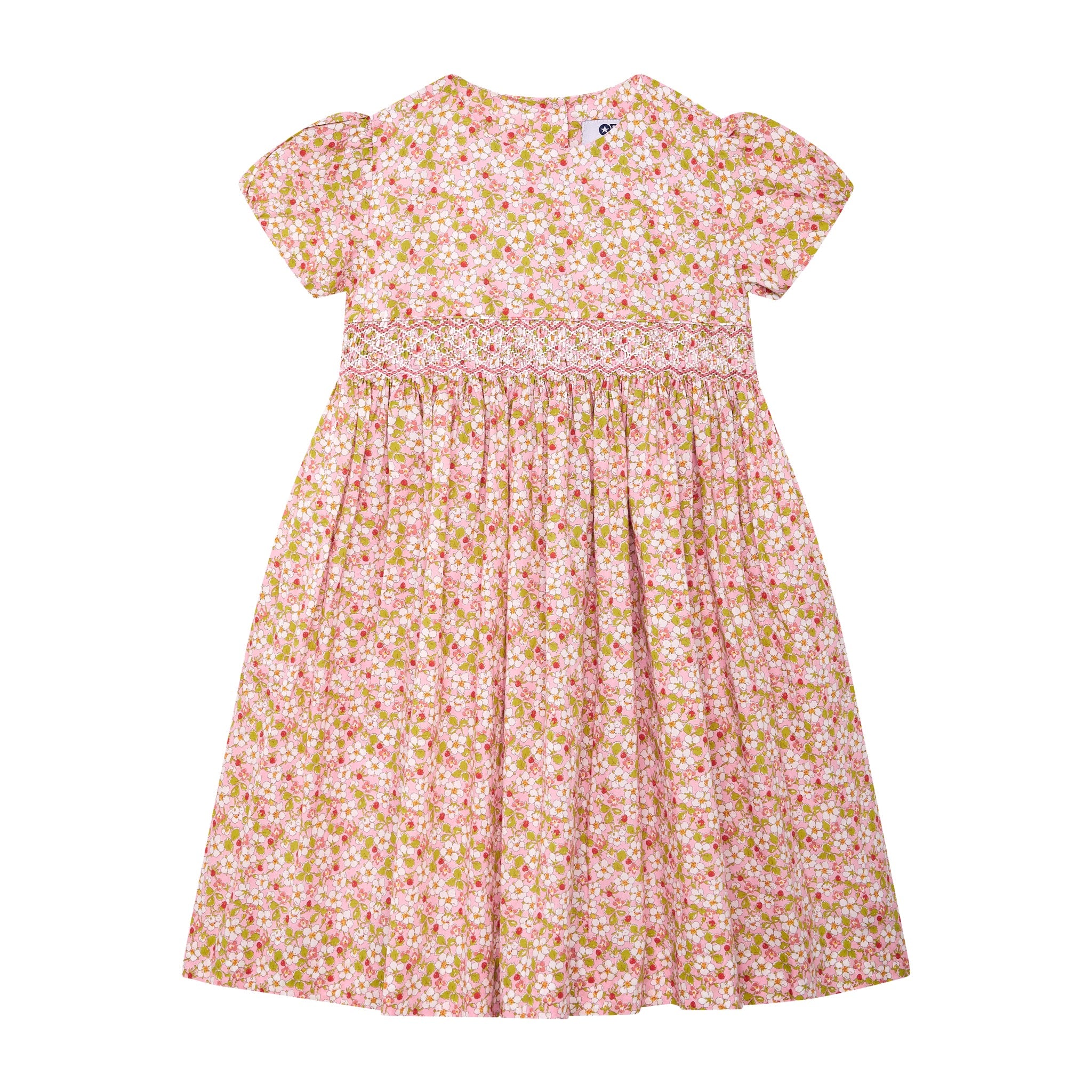 Liberty print dress, strawberry pattern, pink, front