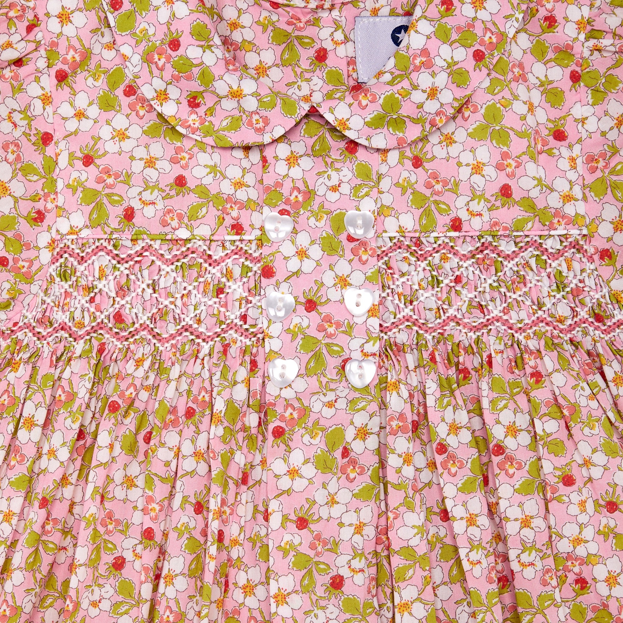 smocking detail, strawberry Liberty print dress