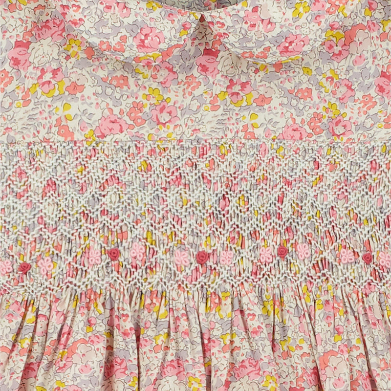 floral hand-smocked dress, made from organic Liberty fabric, closeup