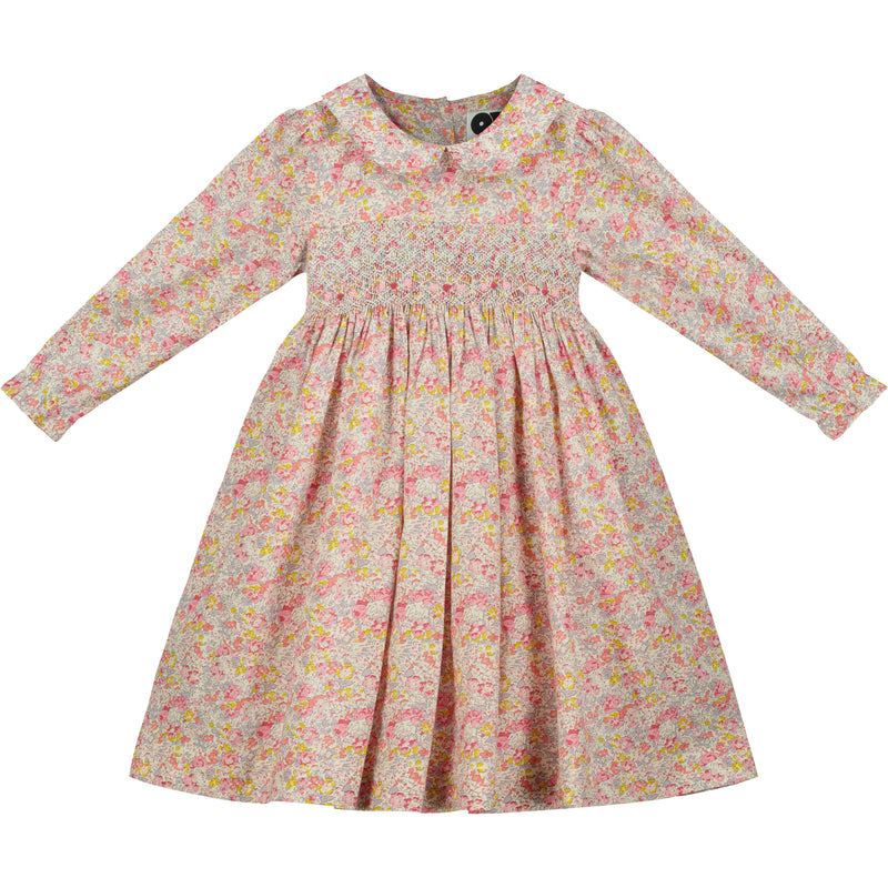 floral hand-smocked dress, made from organic Liberty fabric, front