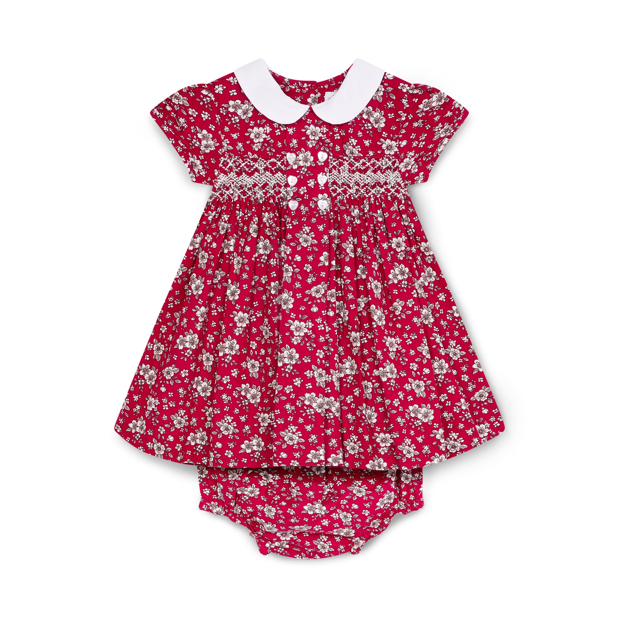 Hand-smocked red floral baby dress with white collar and matching bloomers
