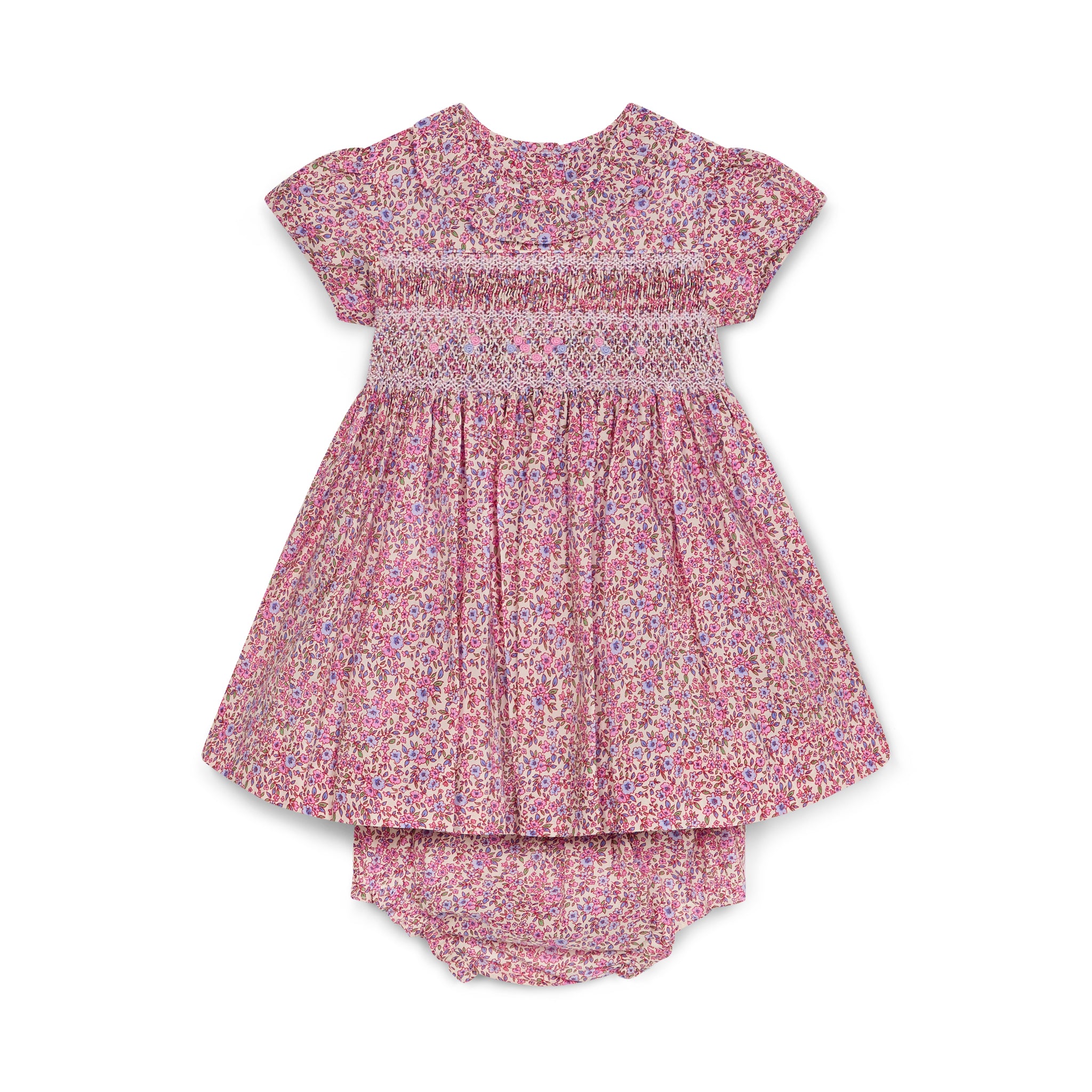 ditsy floral baby dress and bloomers set on a white background, front view
