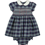 navy and white smock tartan dress with white Peter Pan collar, front