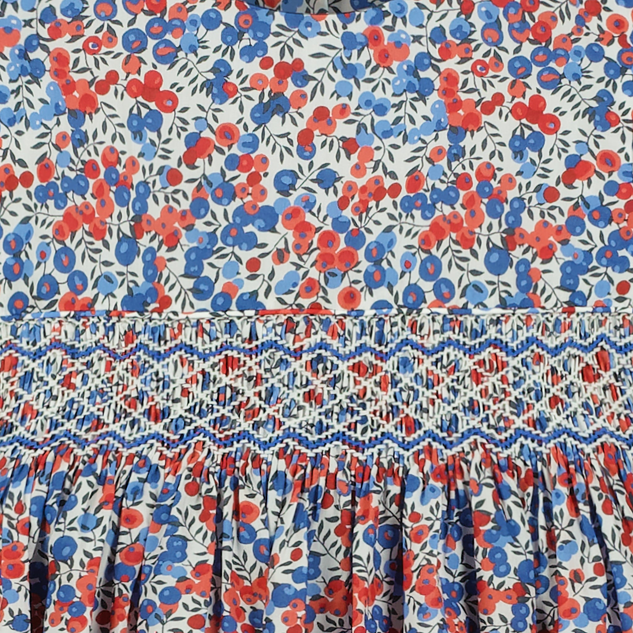 smocked dress made with Liberty Fabric, Wiltshire, blue and red, hand-smocked, detail