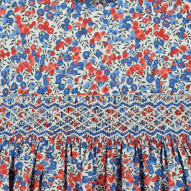 smocked dress made with Liberty Fabric, Wiltshire, blue and red, hand-smocked, detail