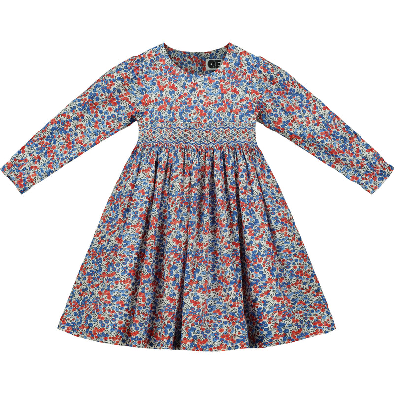 smocked dress made with Liberty Fabric, Wiltshire, blue and red, hand-smocked, front