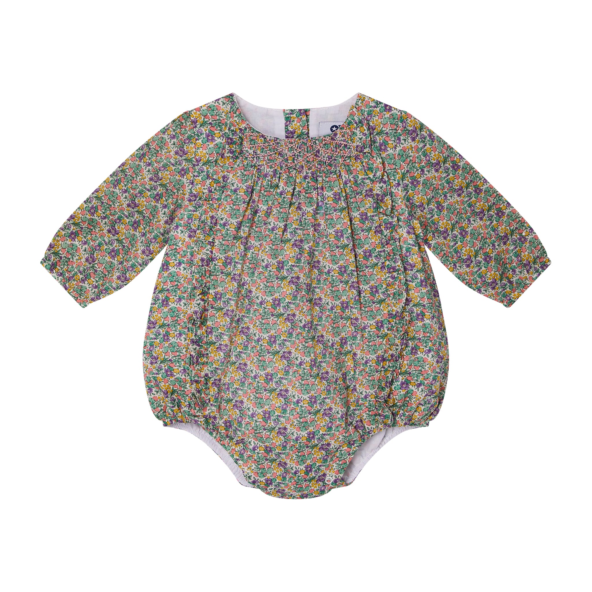 floral baby romper with smocking and frill detail