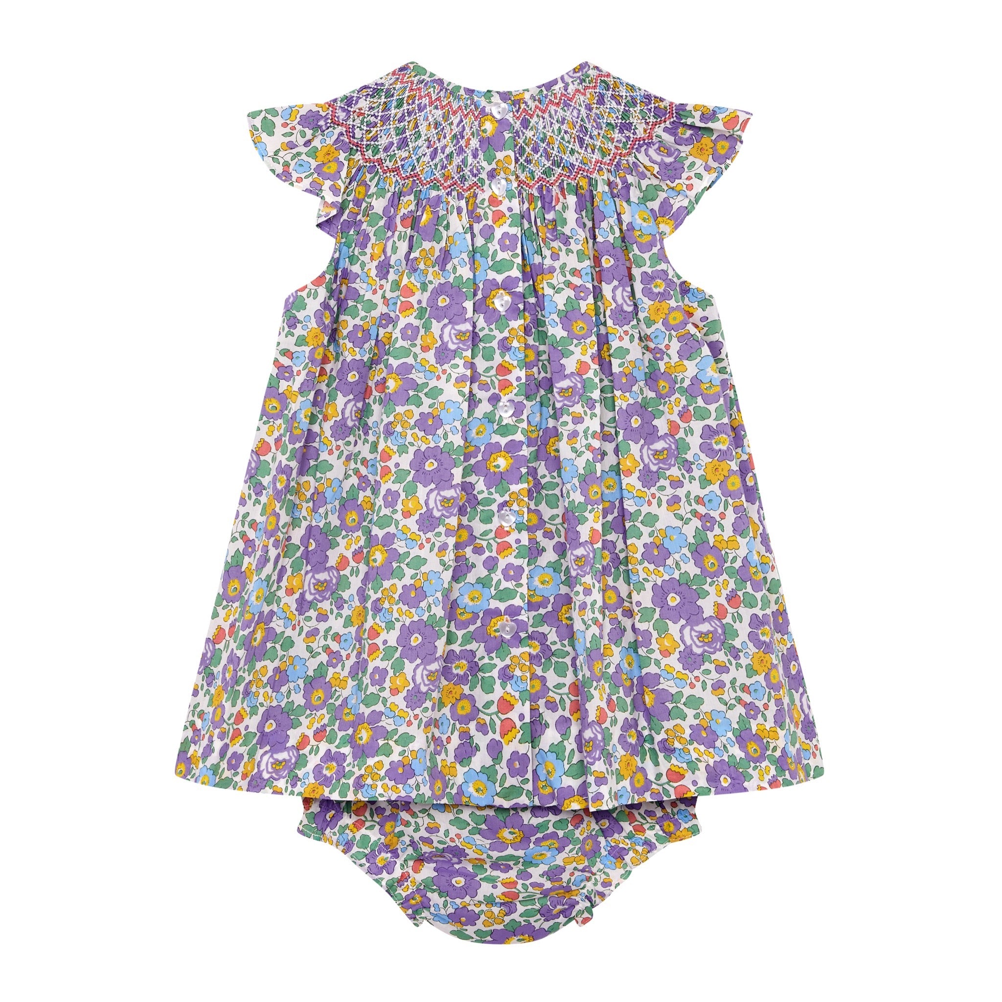 Smocked baby dress, Liberty purple Betsy, back