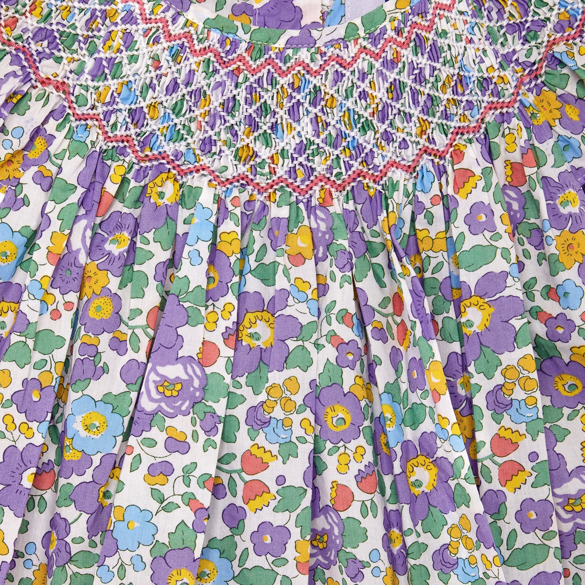 Smocked baby dress, Liberty purple Betsy, detail