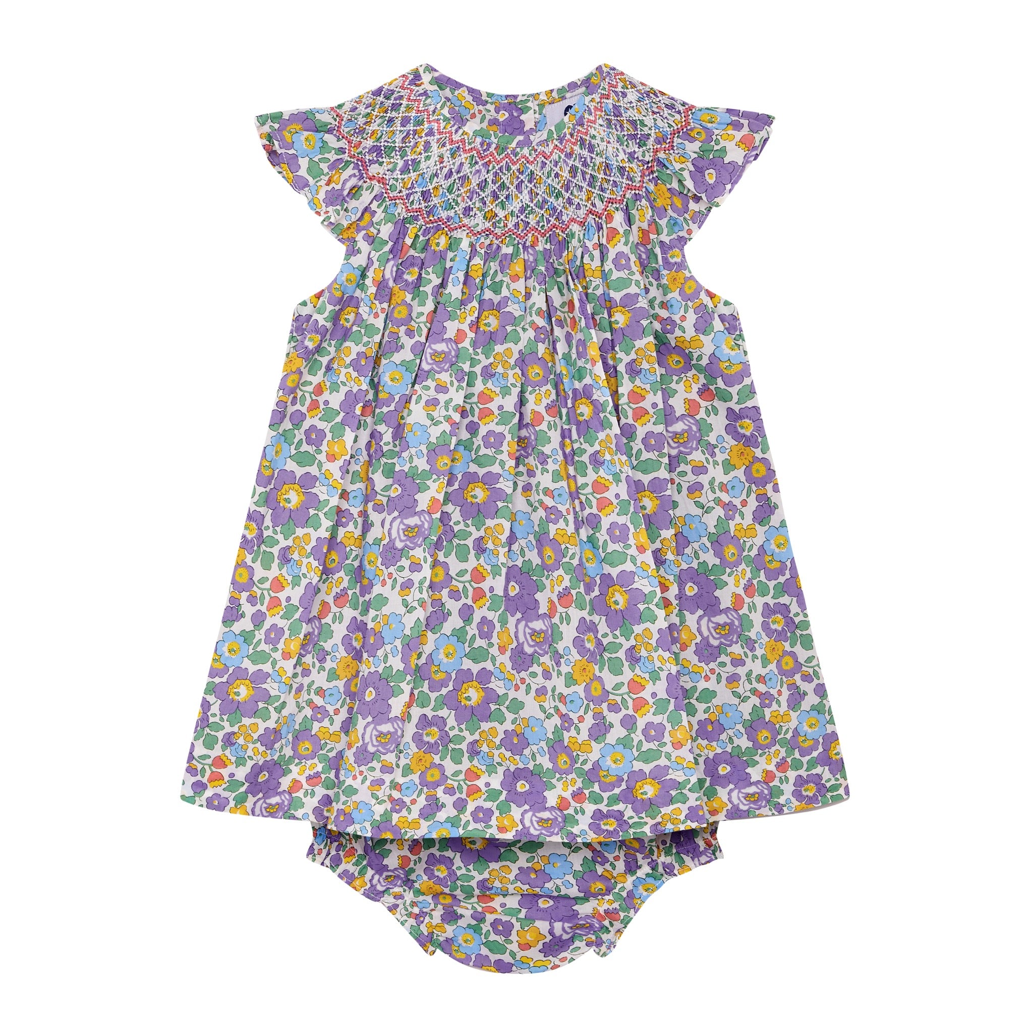 Smocked baby dress, Liberty purple Betsy, front