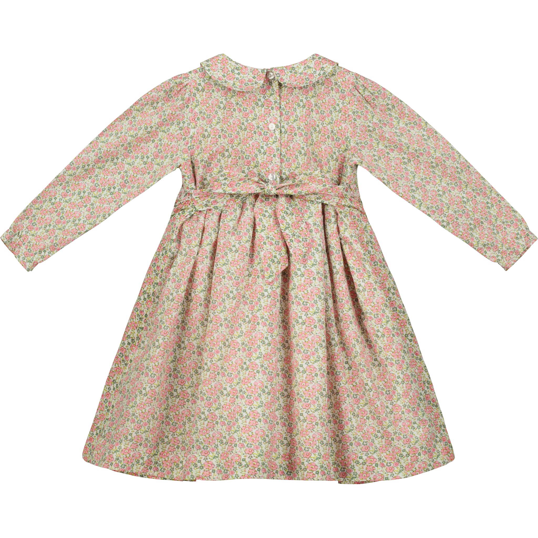 pink on ivory floral hand-smocked girls dress, back