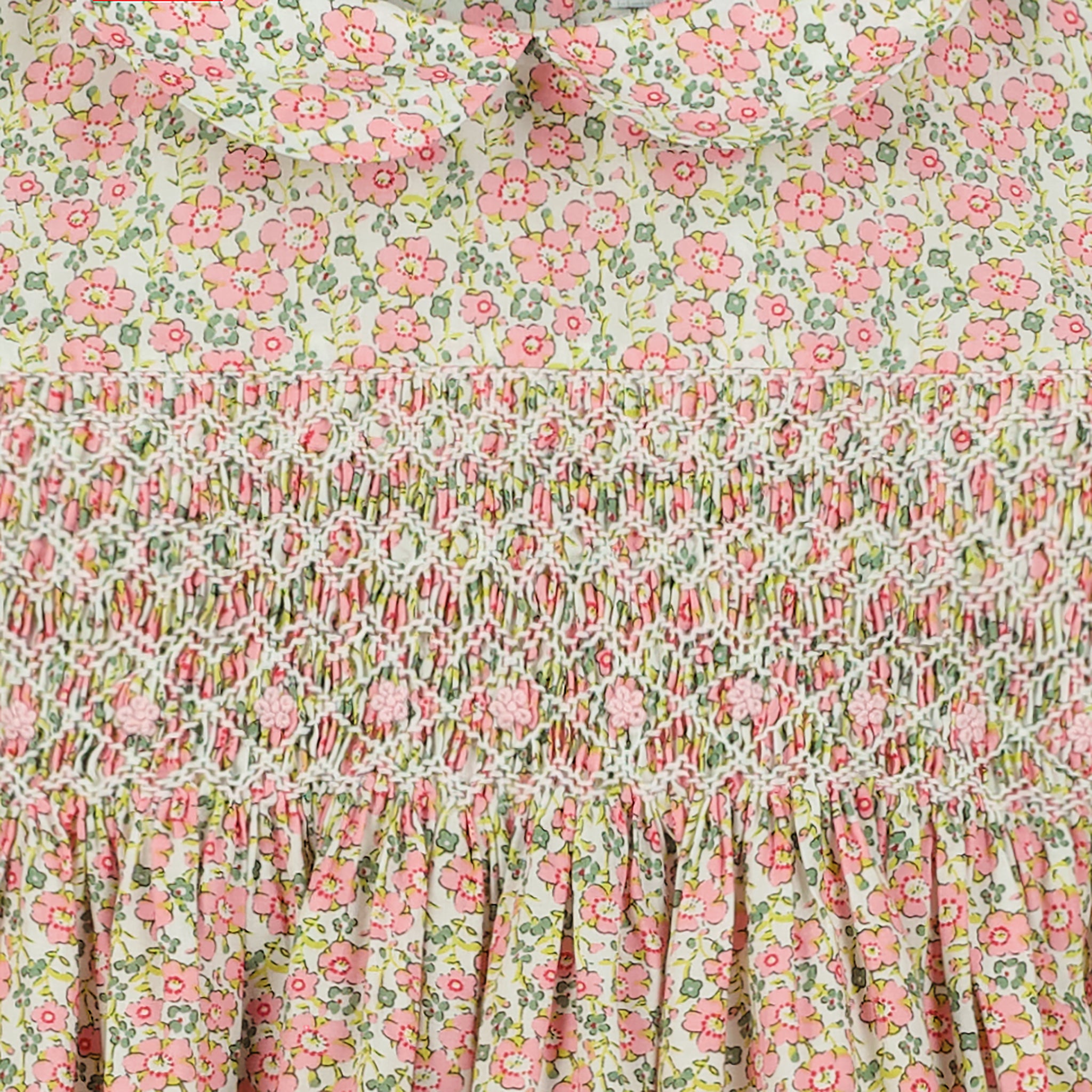 pink on ivory floral hand-smocked girls dress, detail shot