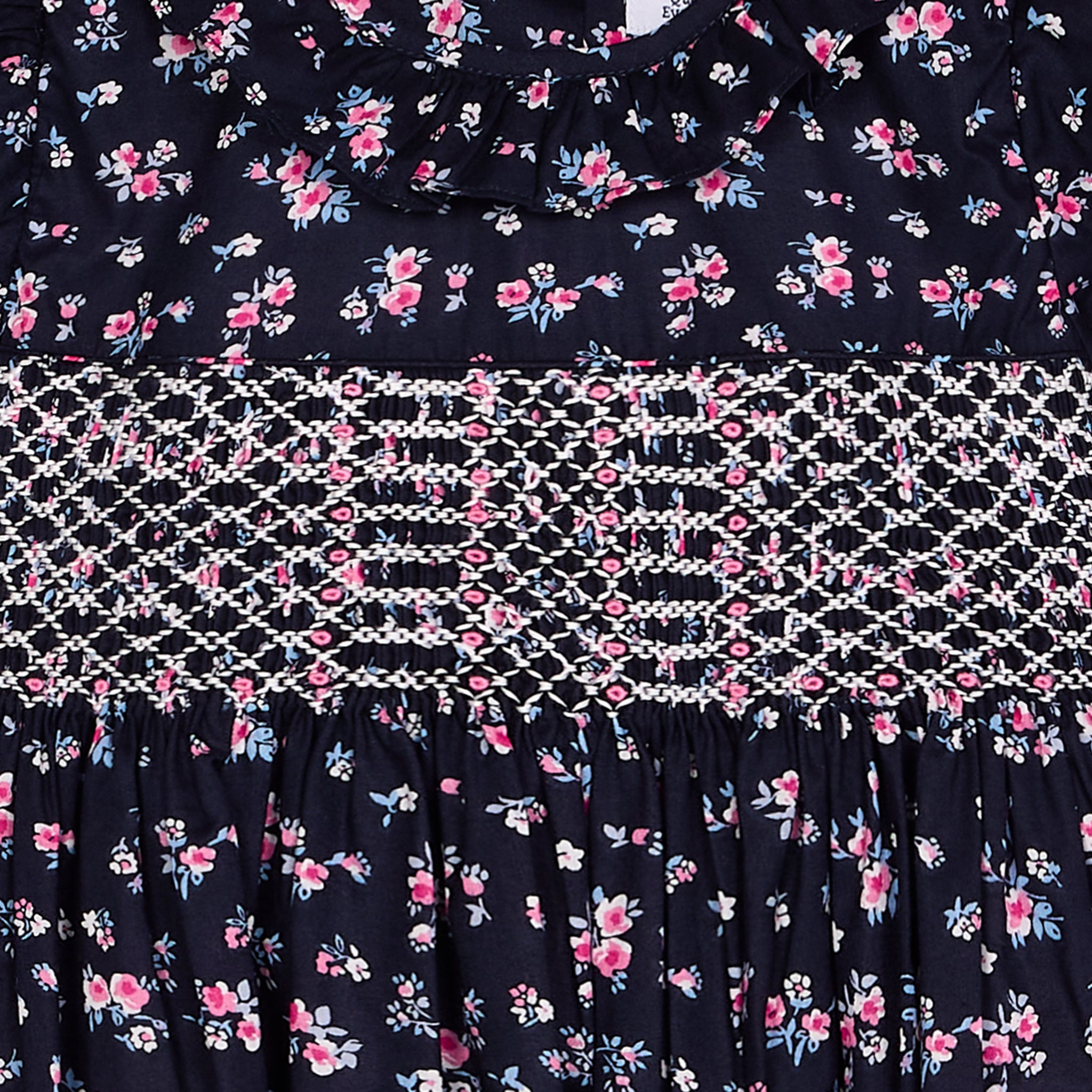 smoking detail navy and pink floral girls dress