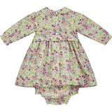 hand-smocked, floral baby dress, purple, pink and yellow blossoms, back