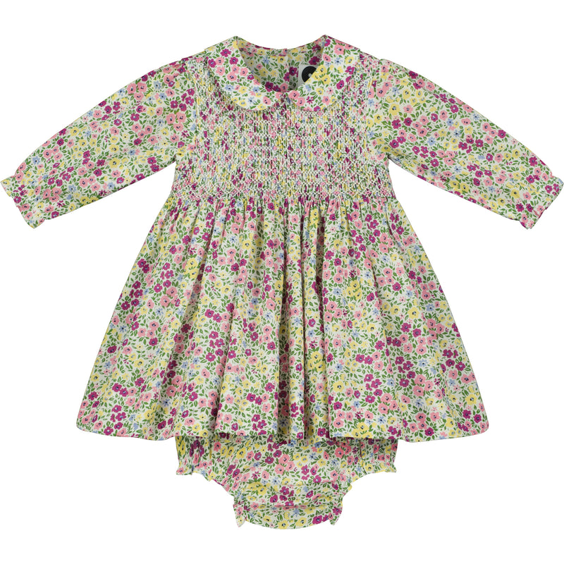 hand-smocked, floral baby dress, purple, pink and yellow blossoms, front