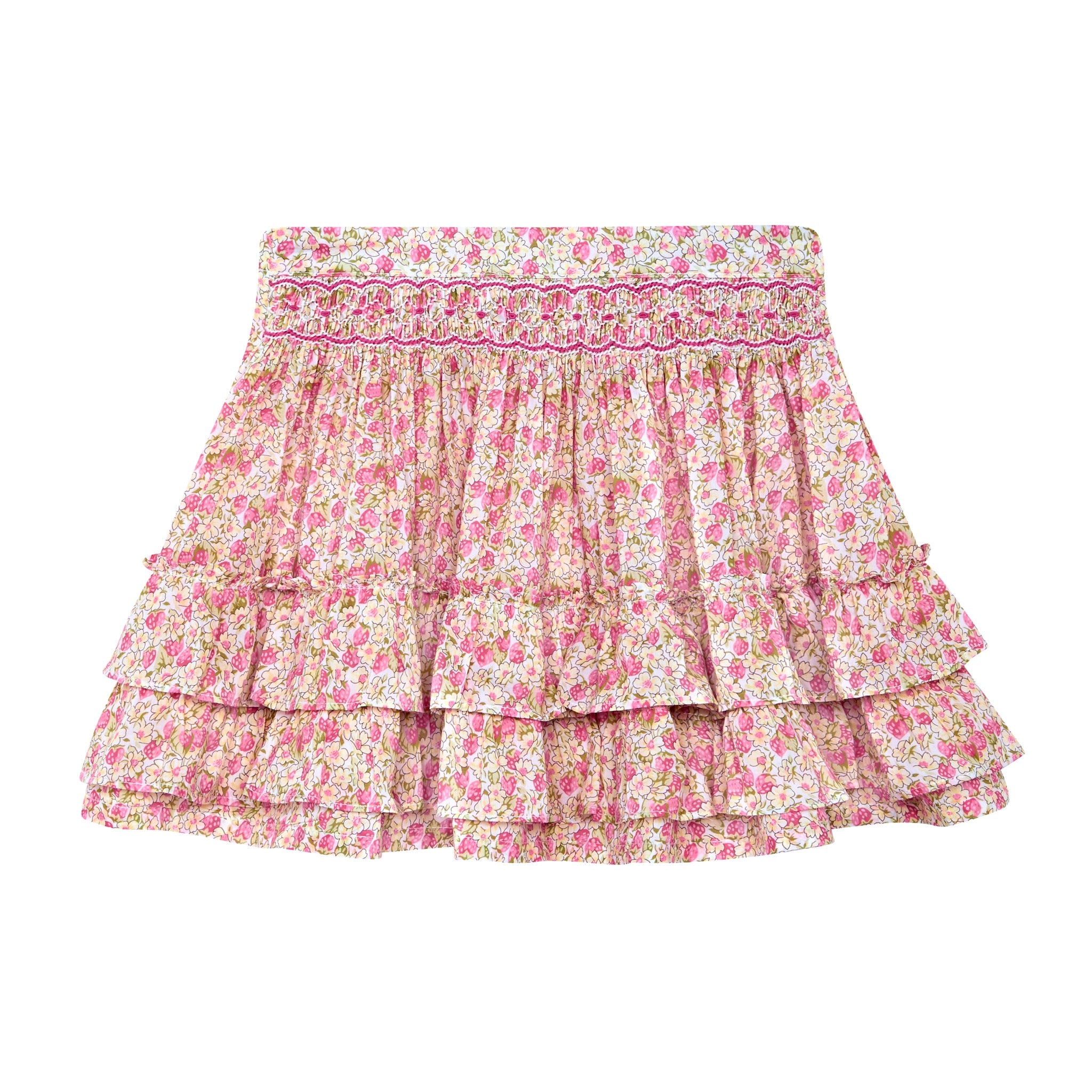 smocked ruffle skirt, strawberry print