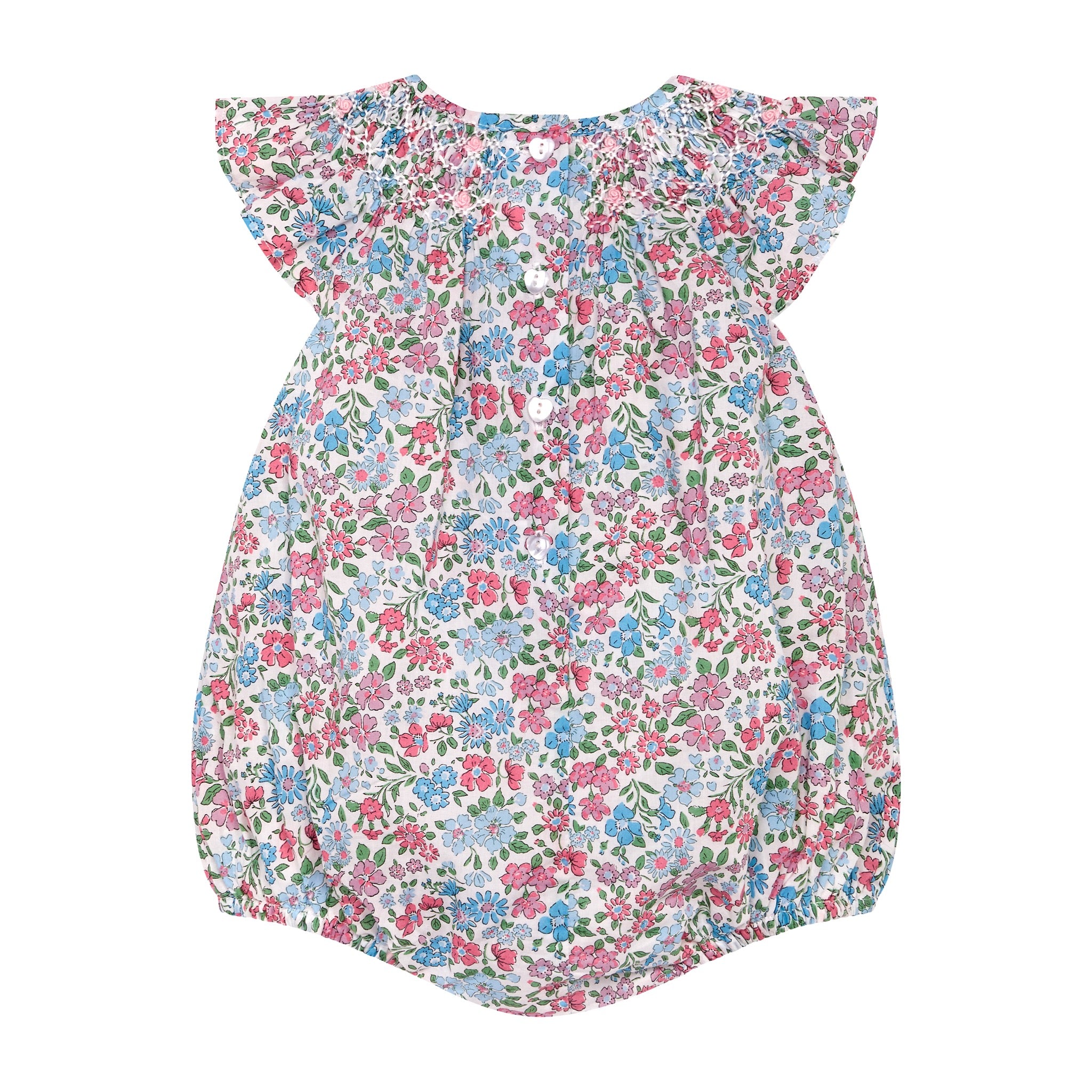 romper back, floral, blu and pink