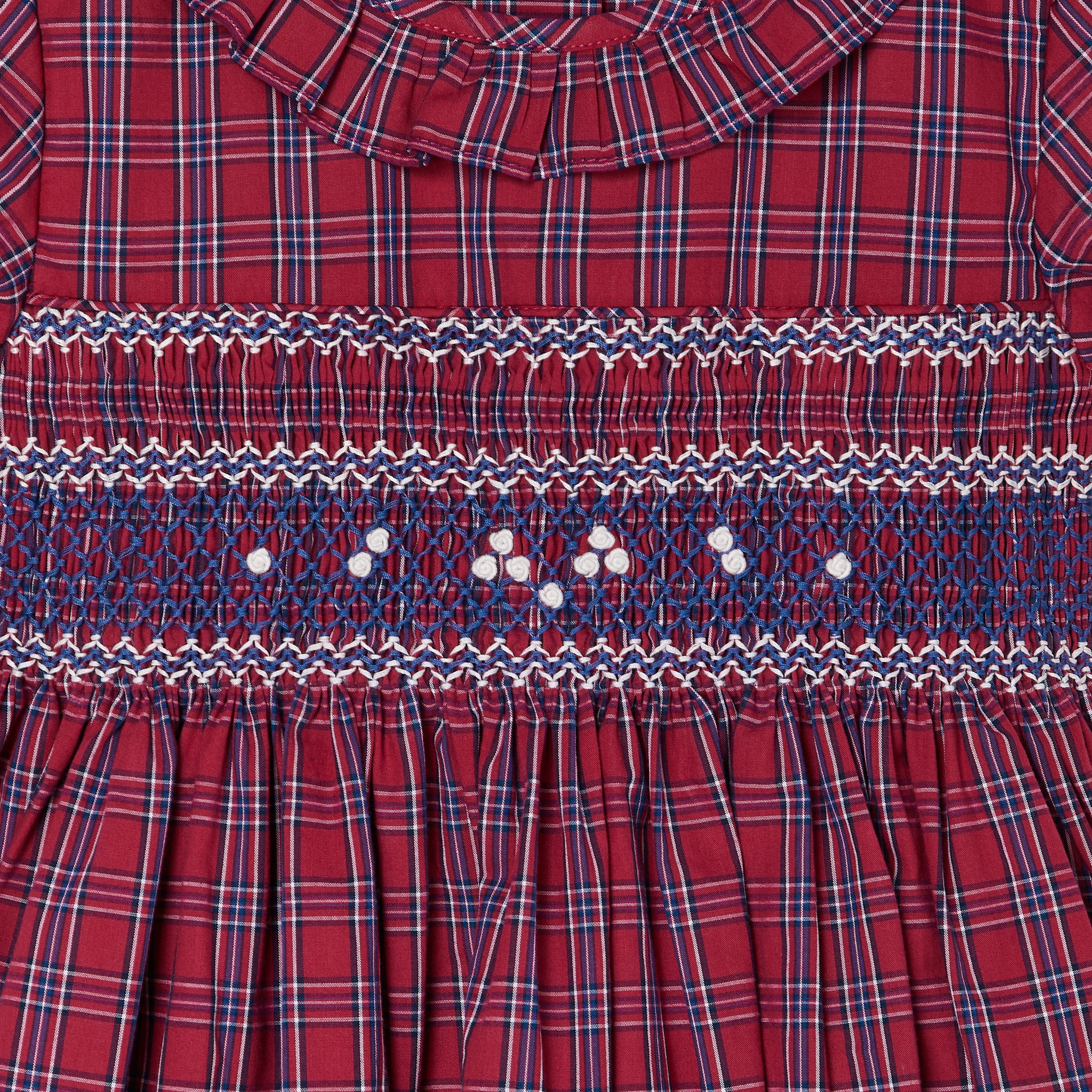 smocking closeup, red tartan dress
