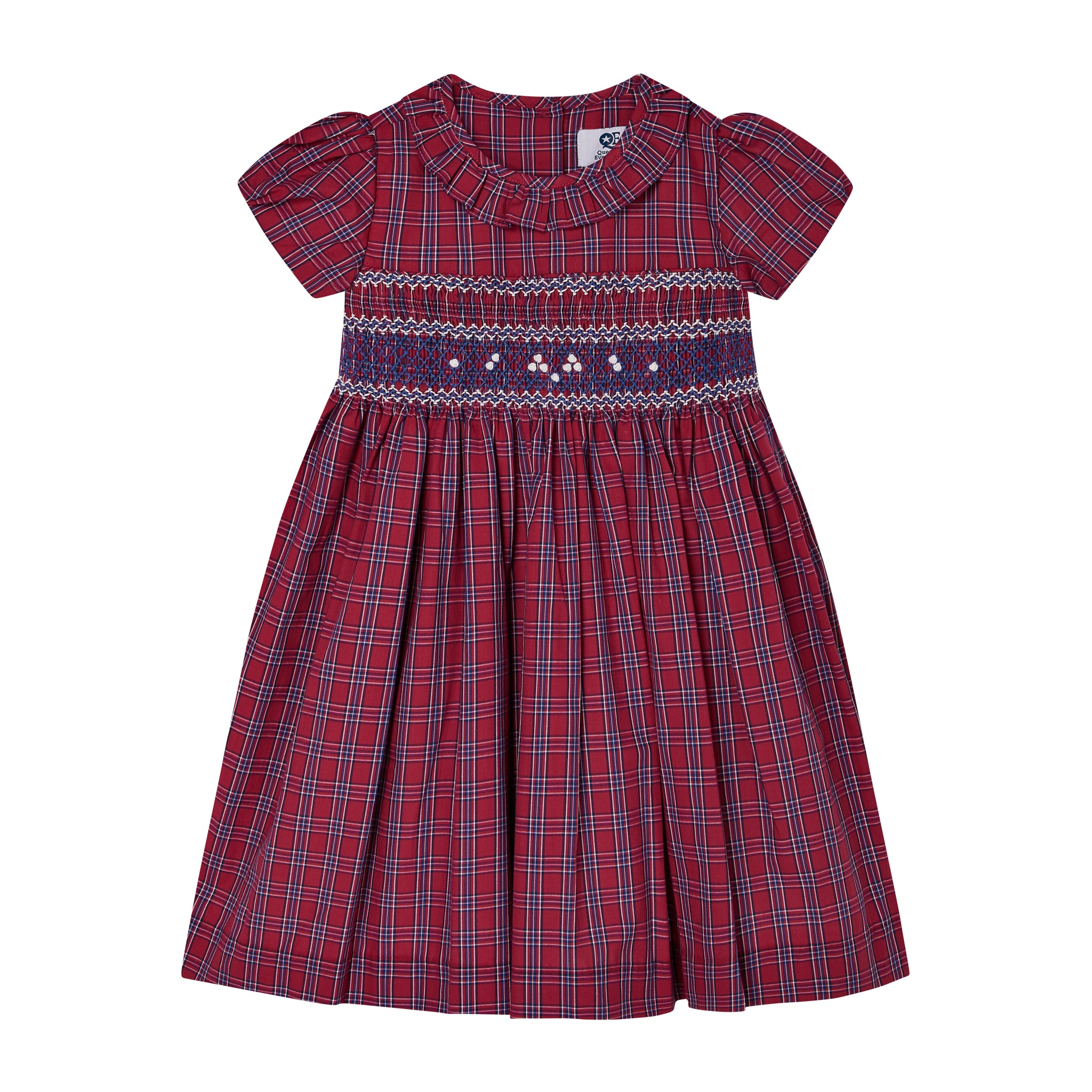 red tartan dress with smocking and embroidery, front